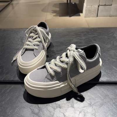 适配匡威1970S帆布鞋拖鞋灰色相间1.5cm宽麦穗麻花编织棉质鞋带