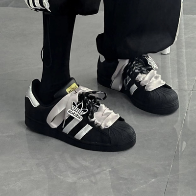 适配阿迪贝壳头板鞋miu风diy改造黑底白点圆形鞋带丝绸鞋绳鞋带扣