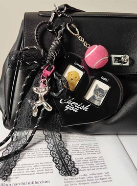 黑色爱心皮套可放照片钥匙扣银色气球狗黑色编织绳蕾丝包包挂件