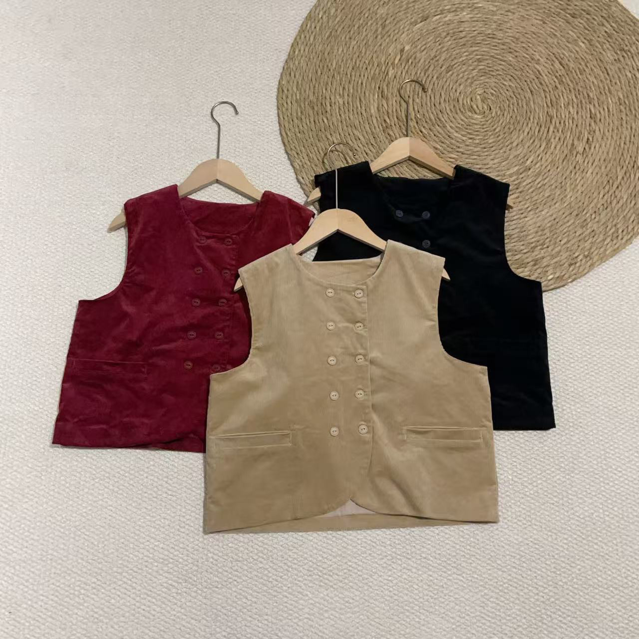 秋季新款文艺复古纯色双排扣灯芯绒马甲女日系百搭叠穿短款马夹