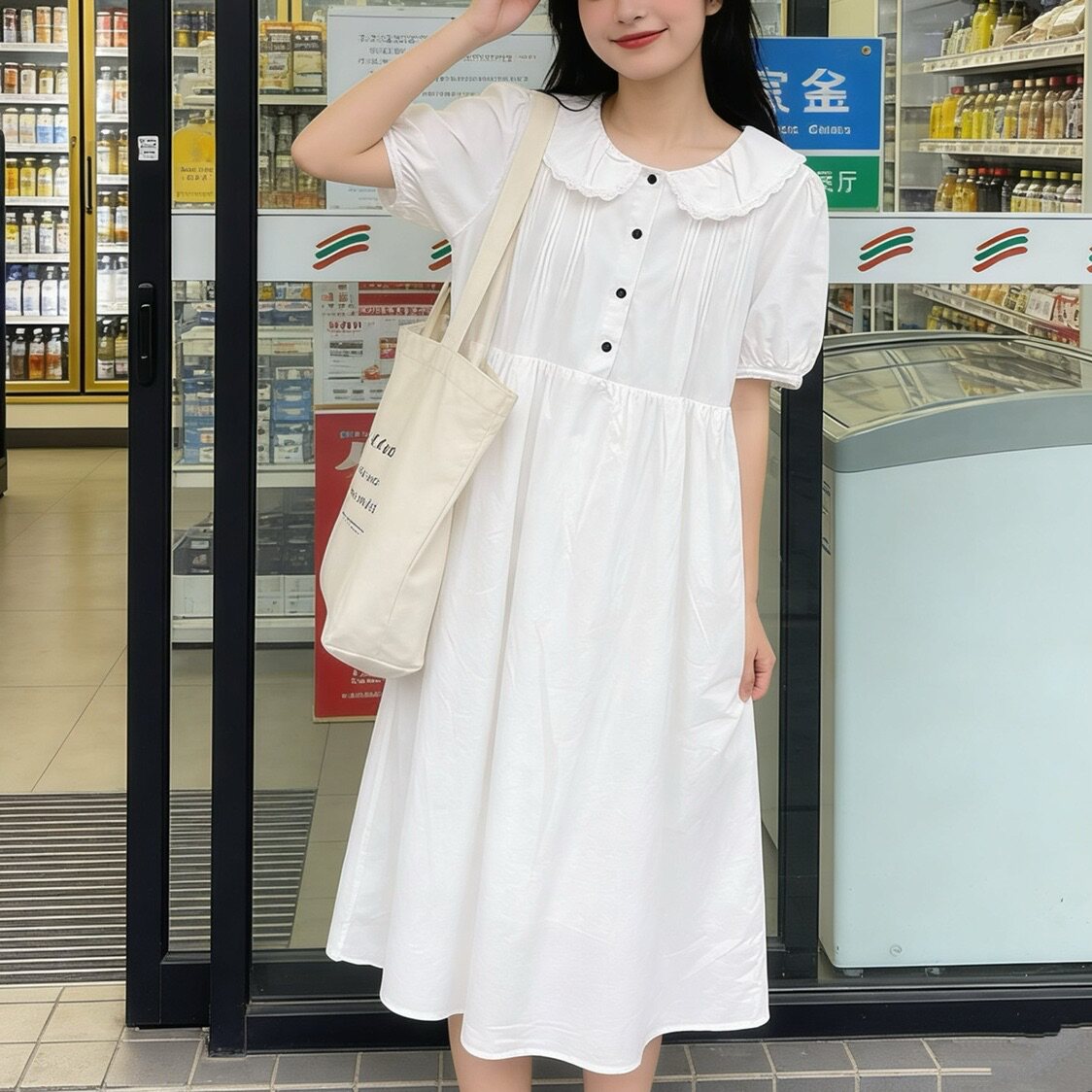 法式复古花边娃娃领纯色收腰显瘦连衣裙夏季纯棉短袖裙子女