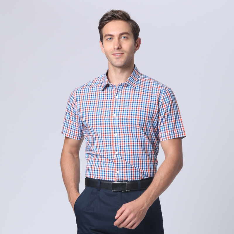 嘉意纯棉短袖修身格子衬衫薄款