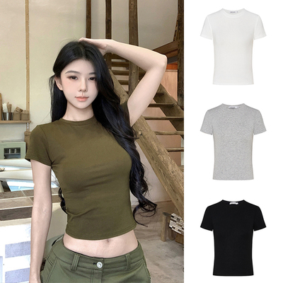 显身材掐腰正肩T恤修身显瘦圆领上衣女生夏天季节出门炸街辣妹子
