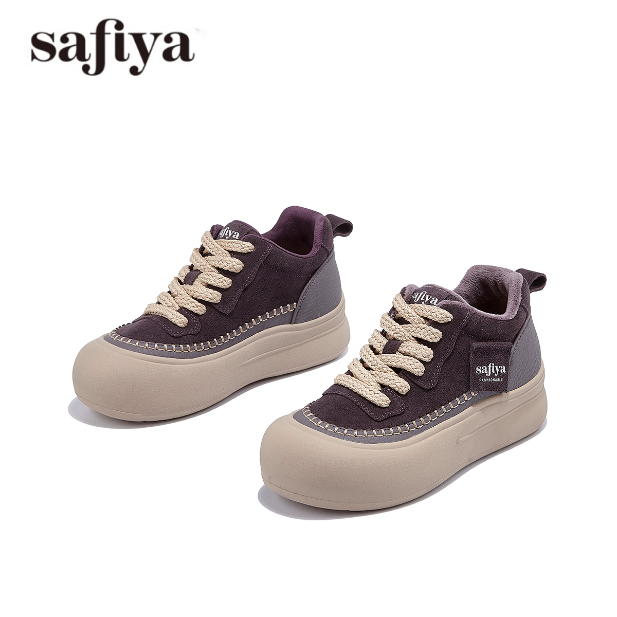 Safiya/索菲娅2025冬新款保暖舒适百搭休闲小高帮女鞋加绒高帮