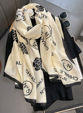 88*182cm长围巾棉麻质感欧美山茶花柔软披肩老钱风春秋保暖围脖女