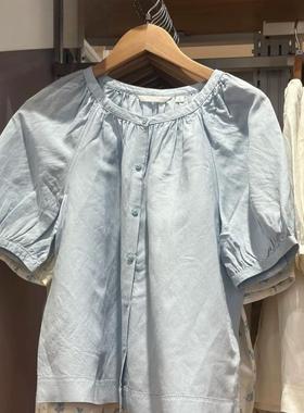 2025春款女装麻混纺泡泡袖衬衫短袖衬衣打褶上衣夏475655/477604