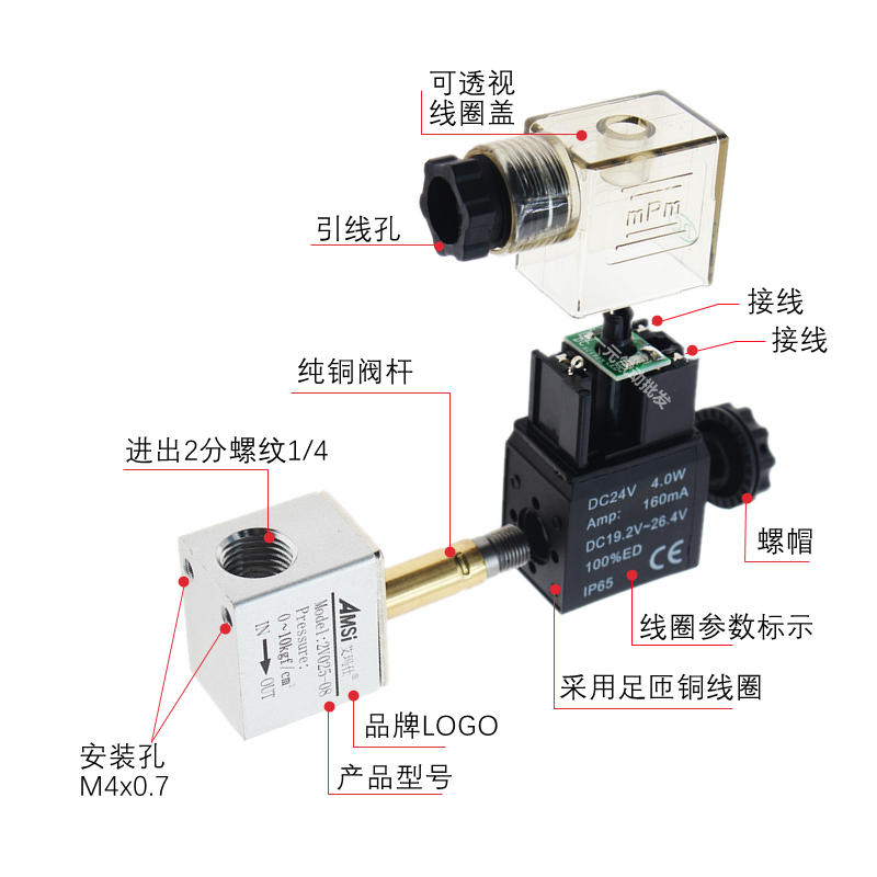 一进一出电磁阀2V02508 24V气阀开关220V常闭电磁阀12V气阀110V