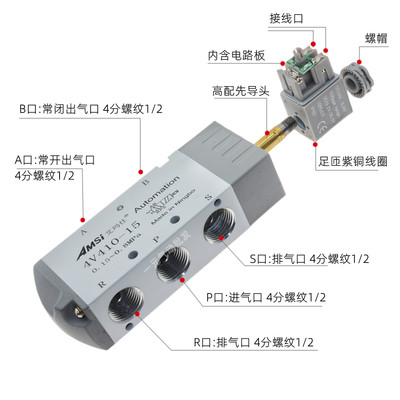 气动电磁阀4V410-15 24V二位五通电磁换新阀220V电子阀气缸控制阀