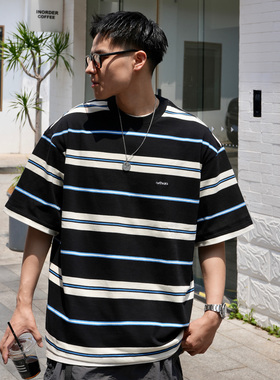 Nothwes 23ss重磅320克蓝黑条纹短袖长袖日系复古宽松纯棉圆领T恤