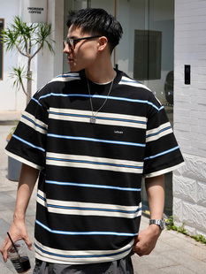 日系复古宽松纯棉圆领T恤 长袖 Nothwes 23ss重磅320克蓝黑条纹短袖