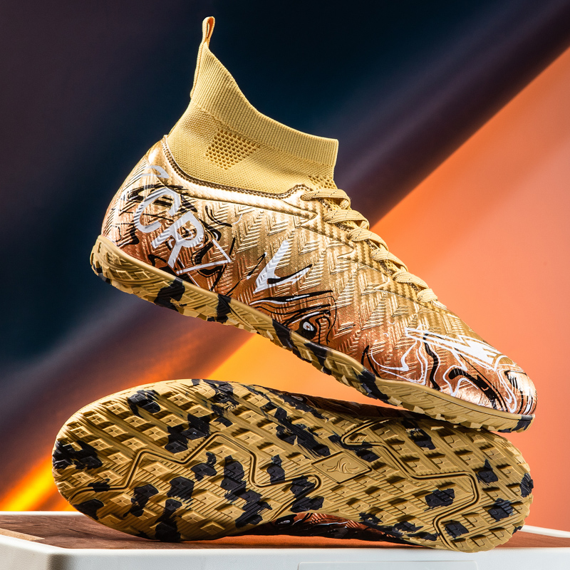 高帮C罗刺客CR7TF碎钉足球鞋短钉FG长钉儿童小学生训练鞋男女金色
