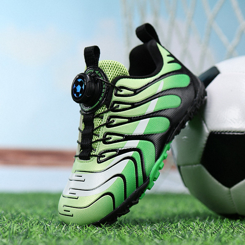 儿童TF碎钉足球鞋旋转扣无鞋带短钉训练鞋男女小学生三文鱼配色