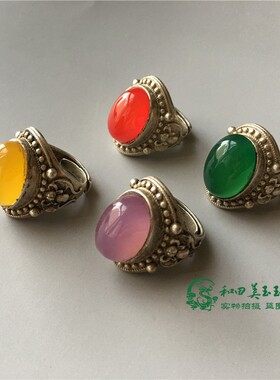 仿古做旧老藏银白铜戒指镶嵌红绿