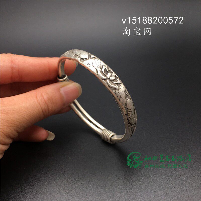 老藏银莲花手镯开口欧美复古白铜镀银鲤鱼镯子女款时尚饰品对镯
