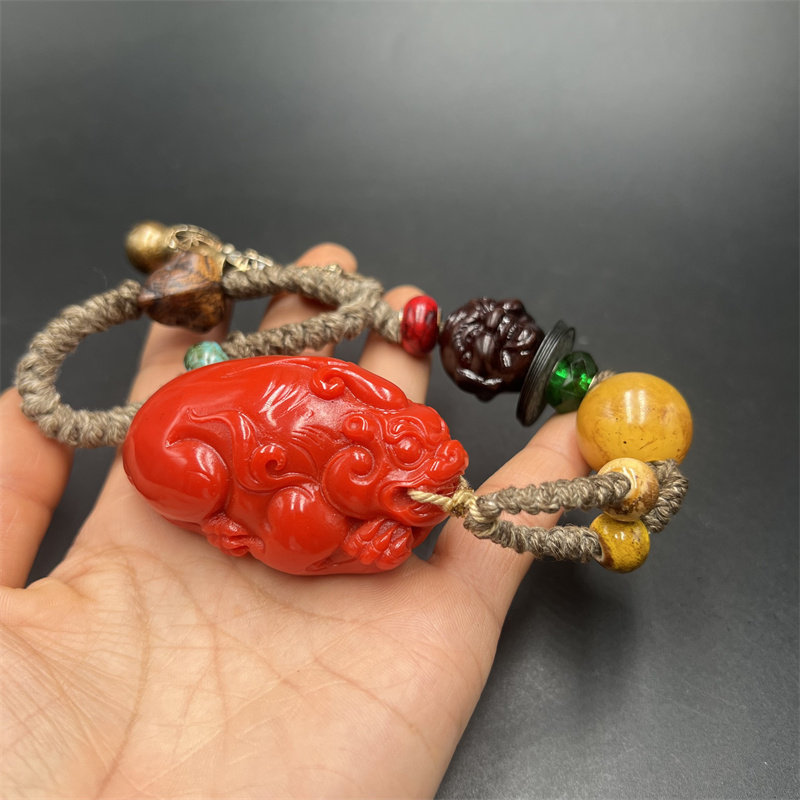 仿古包浆复古包浆仿南红玛瑙招财貔貅手把件工艺品手工铜钱手把绳