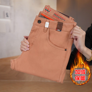 冬季厚款加绒桔红色牛仔裤男士高端时尚潮流修身小直筒弹力长裤子