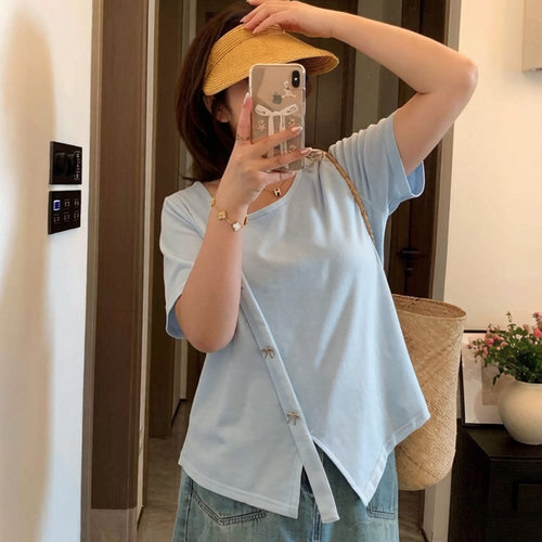 双天大码夏季短袖开叉T恤女