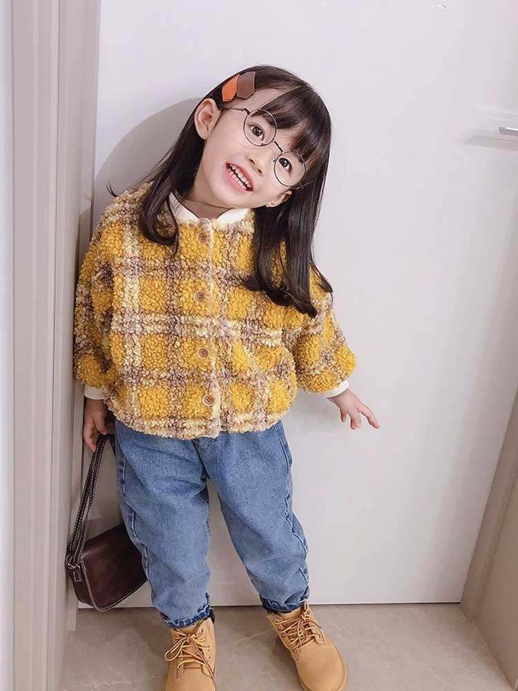 아동복 가을 겨울 한국 스타일 벨벳 탑 소녀 격자 무늬 양고기 코트  따뜻한 어린이 짧은 재킷 유행