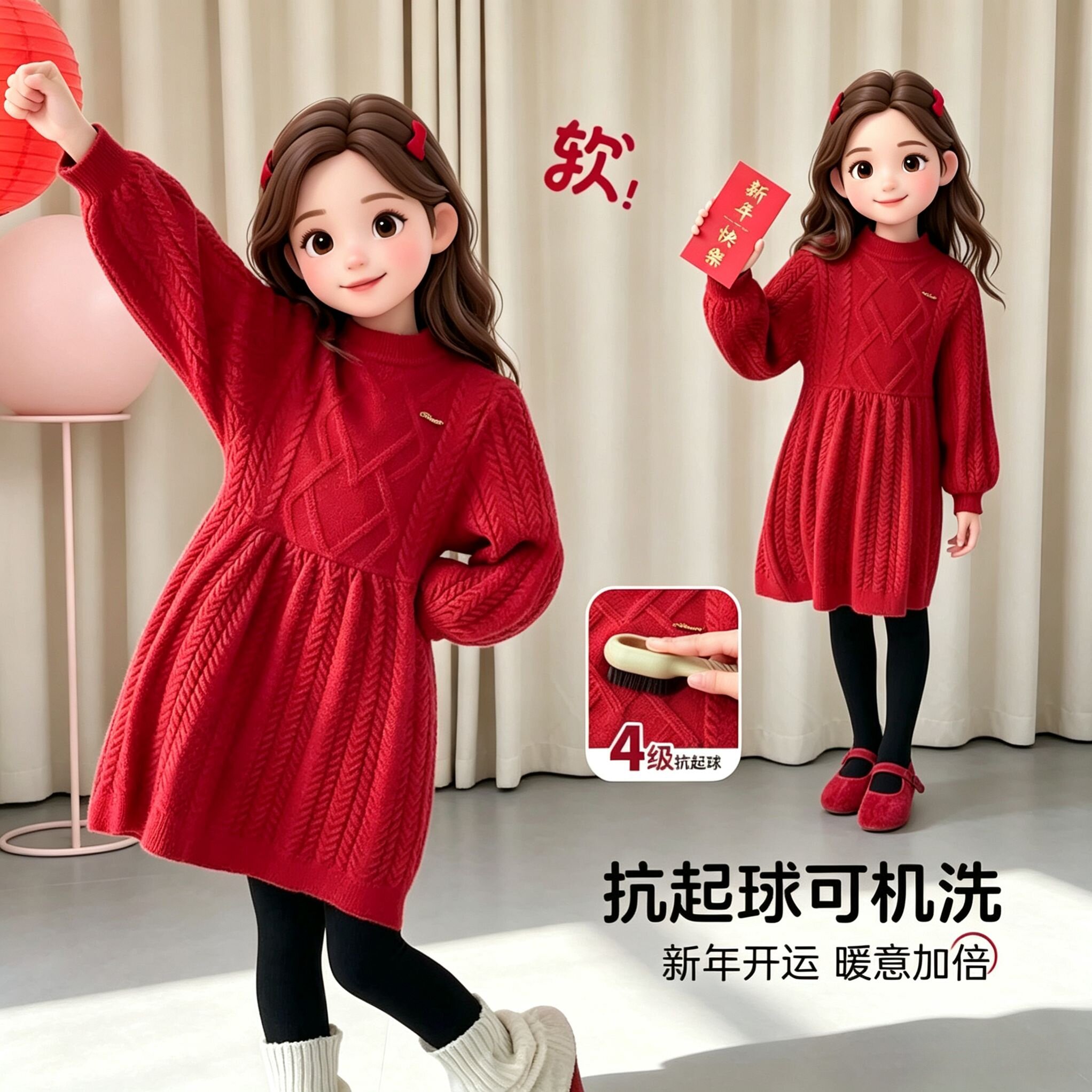 童装女童连衣裙2026冬季新年款加厚保暖红色针织裙连衣裙图图小象