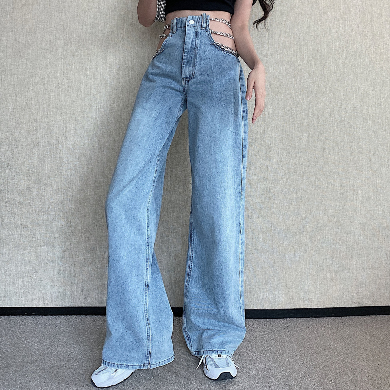 Real shot real price chain jeans women's summer thin Hong Kong Style Sexy High Waist Wide Leg Pants straight tube