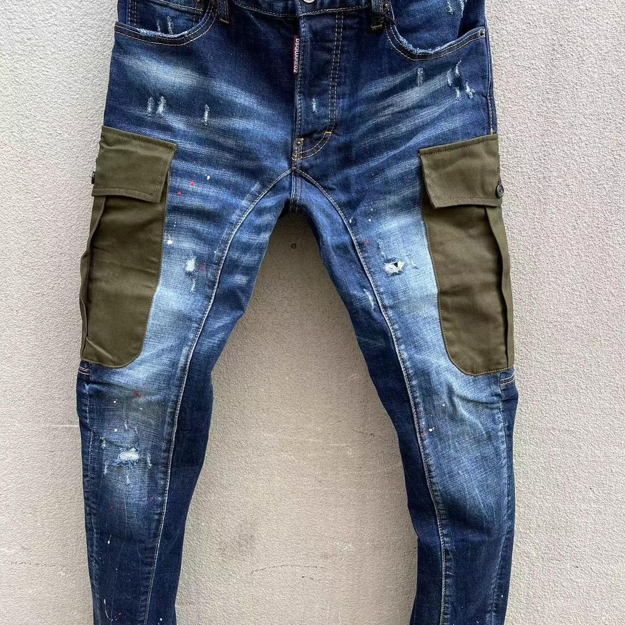 2024秋冬D2潮男绿色大口袋磨破洞补丁油漆立体裁剪小脚牛仔裤男