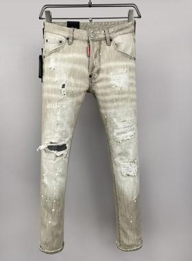 2025春夏新款D2潮男水洗磨破洞补丁油漆怀旧小脚灰色牛仔裤男