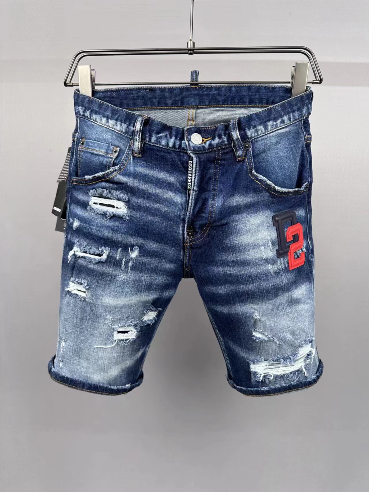 2024春夏新款D2五分裤潮男水洗磨破洞补丁LOGO修身微弹牛仔短裤男