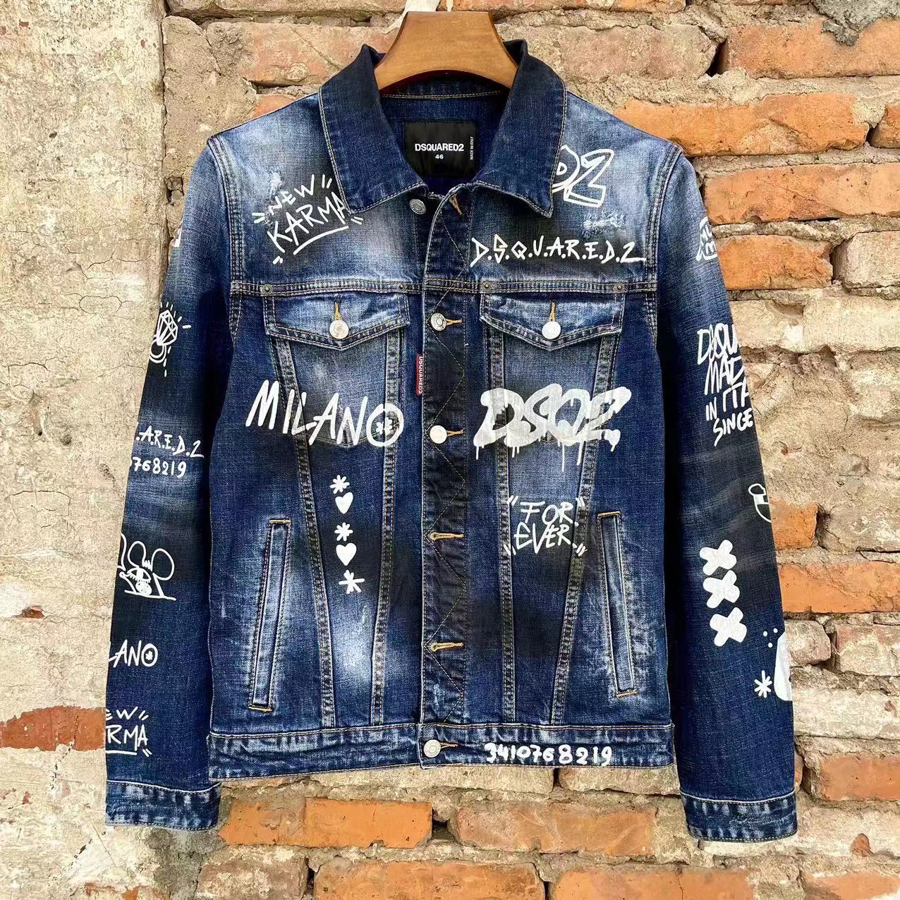 2023秋冬新款D2男装牛仔夹克 时尚涂鸦印花修身潮男牛仔外套男