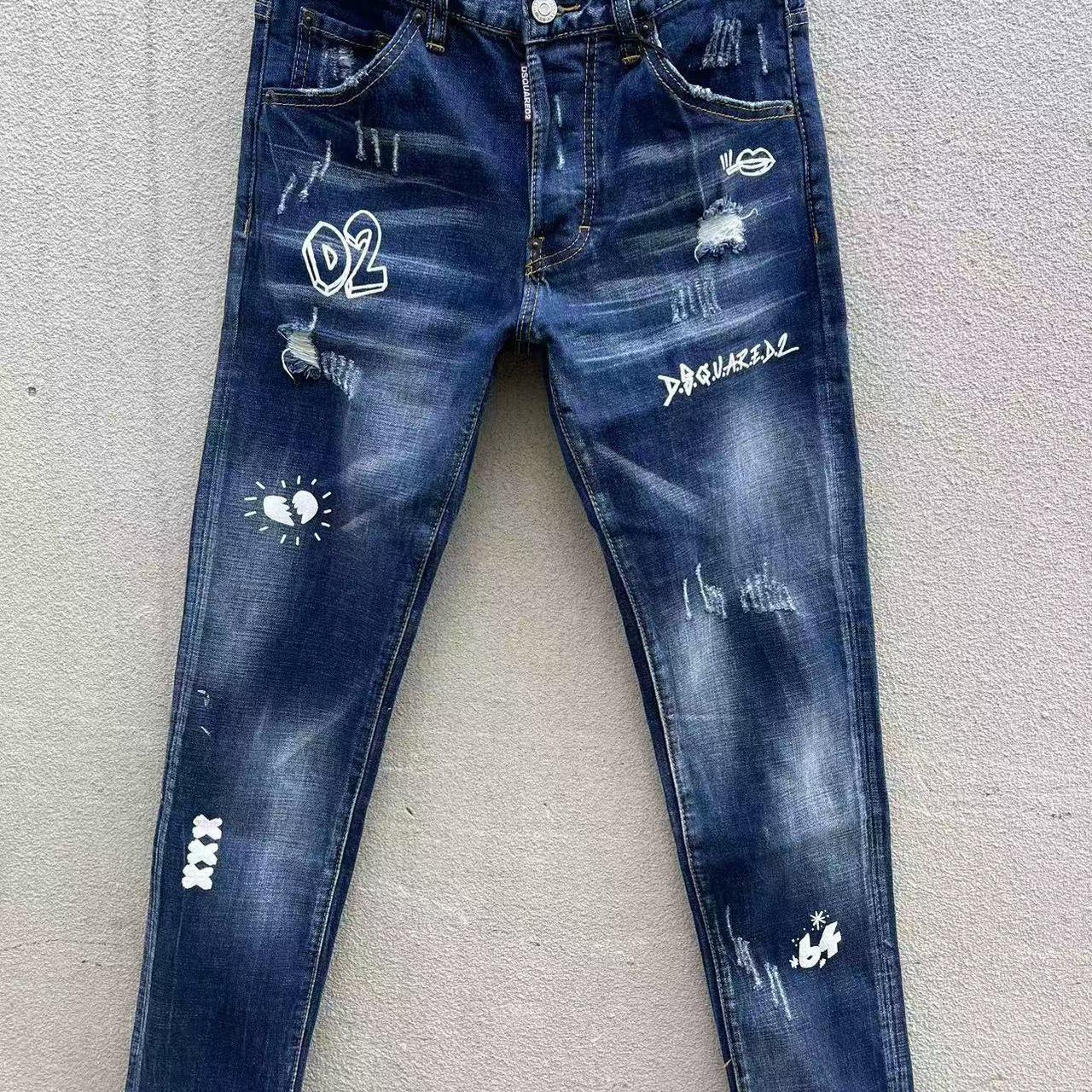 2024春夏新款D2潮男水洗磨破洞涂鸦印花修身蓝色牛仔裤男