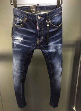 2022春夏新款D2潮男水洗磨破洞补丁油漆立体裁剪小脚蓝色牛仔裤男