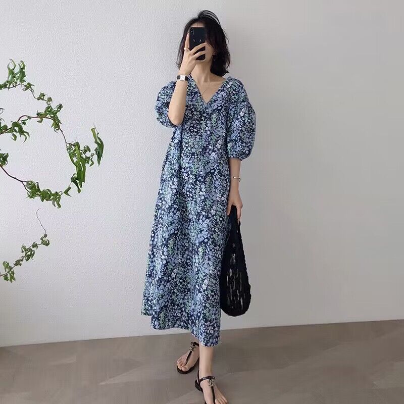 现货夏装大码女装法式桔梗高级感v领泡泡袖碎花连衣裙M 4XL200斤