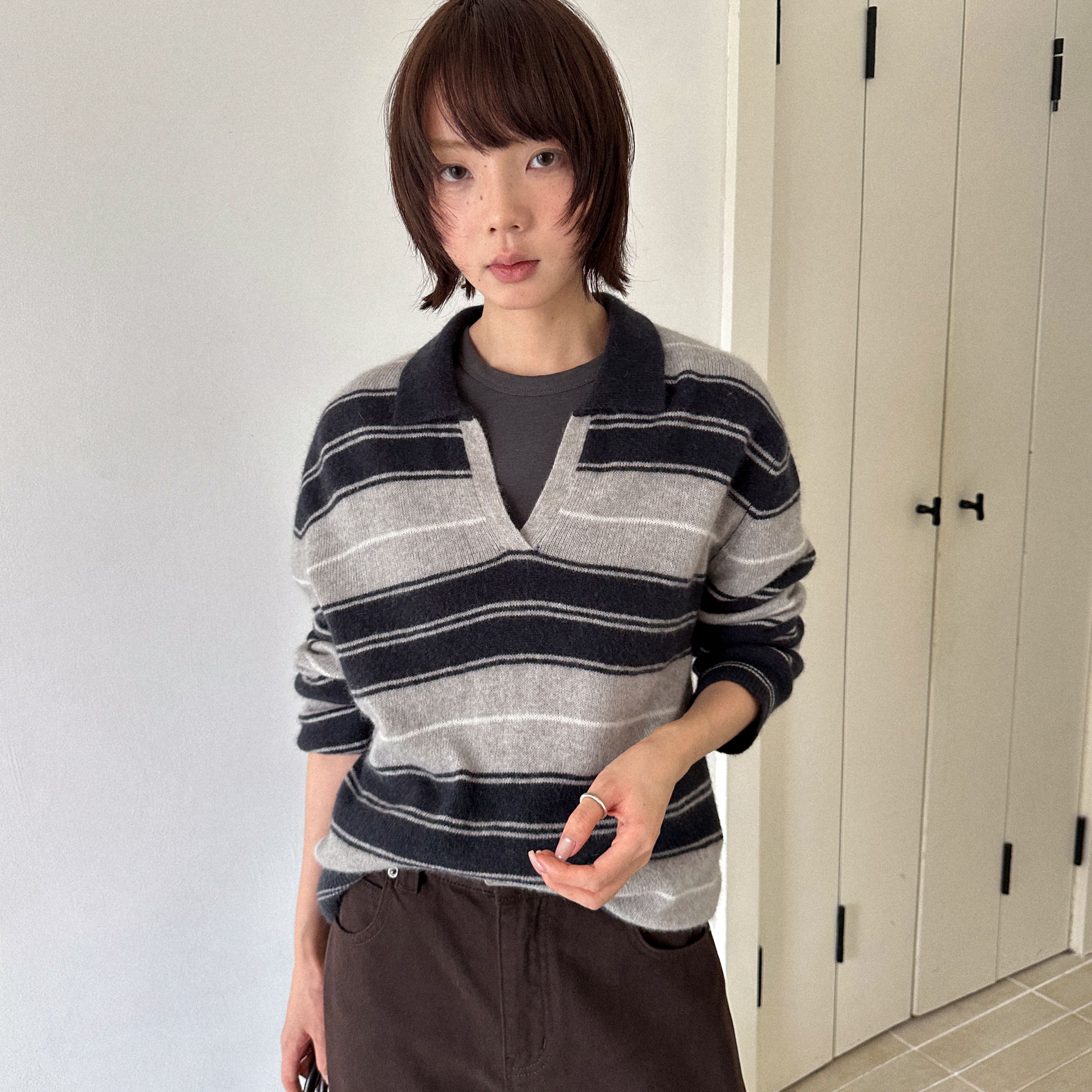 CLEAN SPACE-复古条纹Polo领绵羊毛休闲简约秋冬针织衫57850