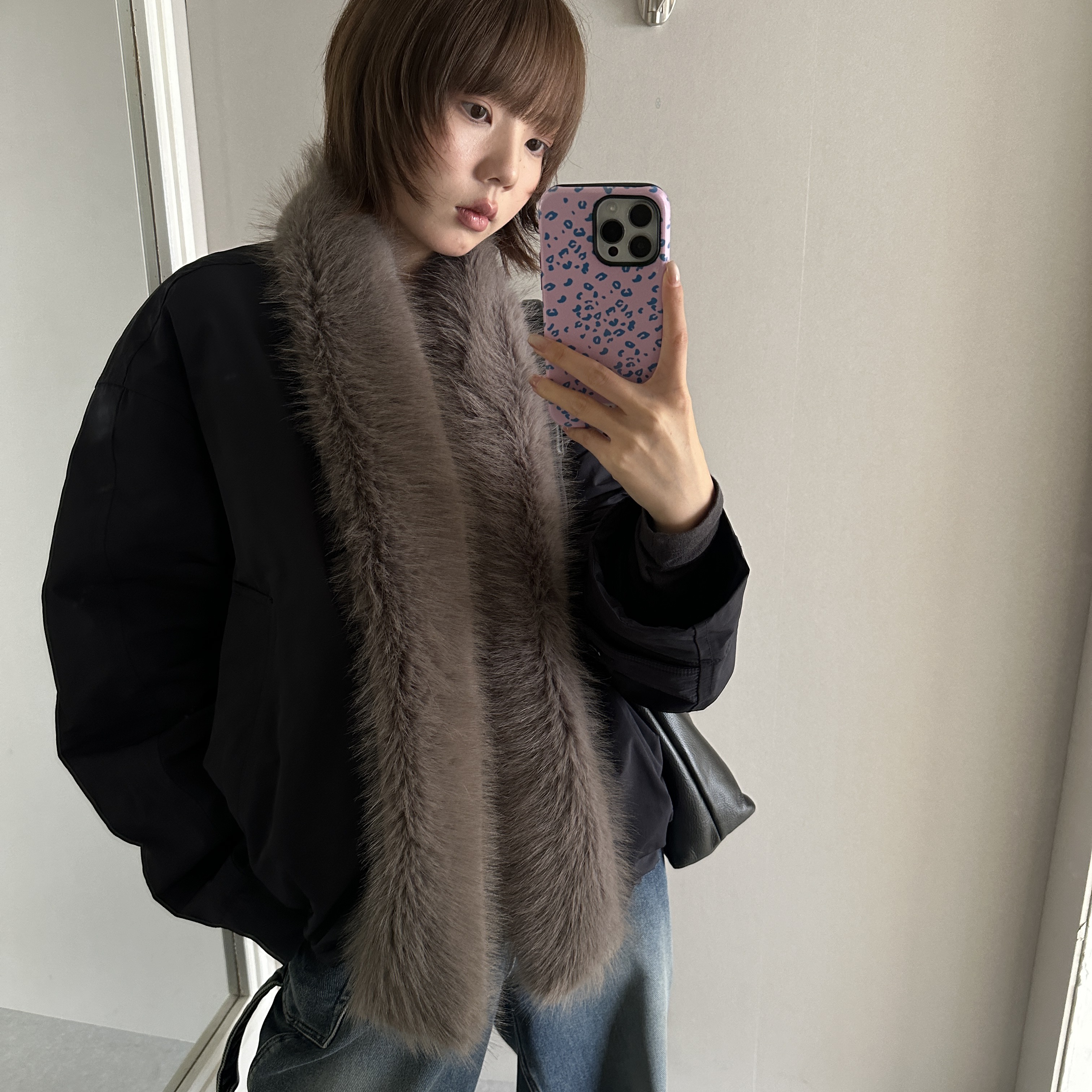 CLEAN SPACE-毛绒感毛领90白鸭绒保暖短款羽绒服外套棉服57588