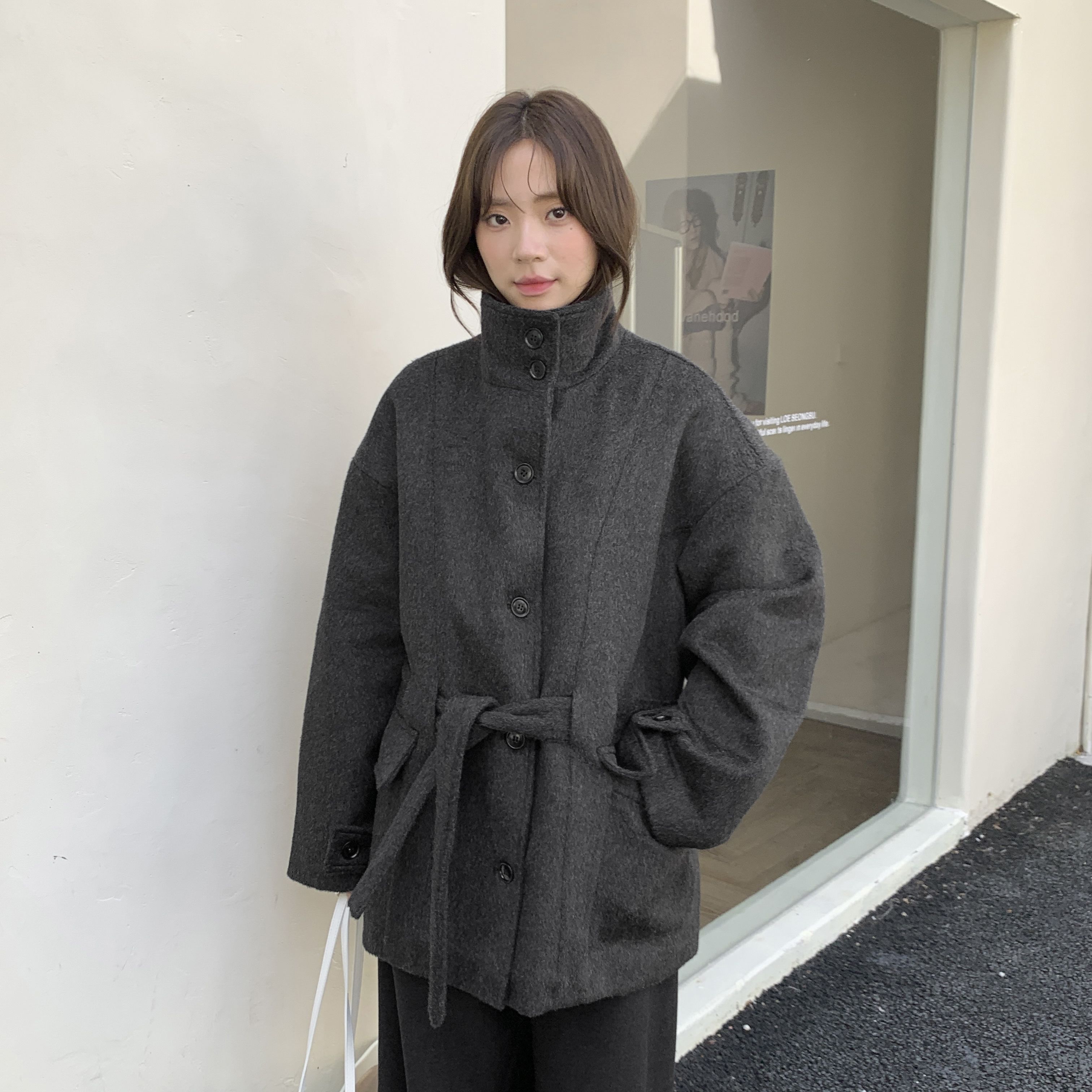 FN-韩系慵懒立领保暖加厚宽松百搭毛呢外套大衣(配腰带)40347