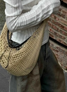 PALeee 2025新款网红同款时尚百搭撞色网兜编织牛角单肩斜挎包