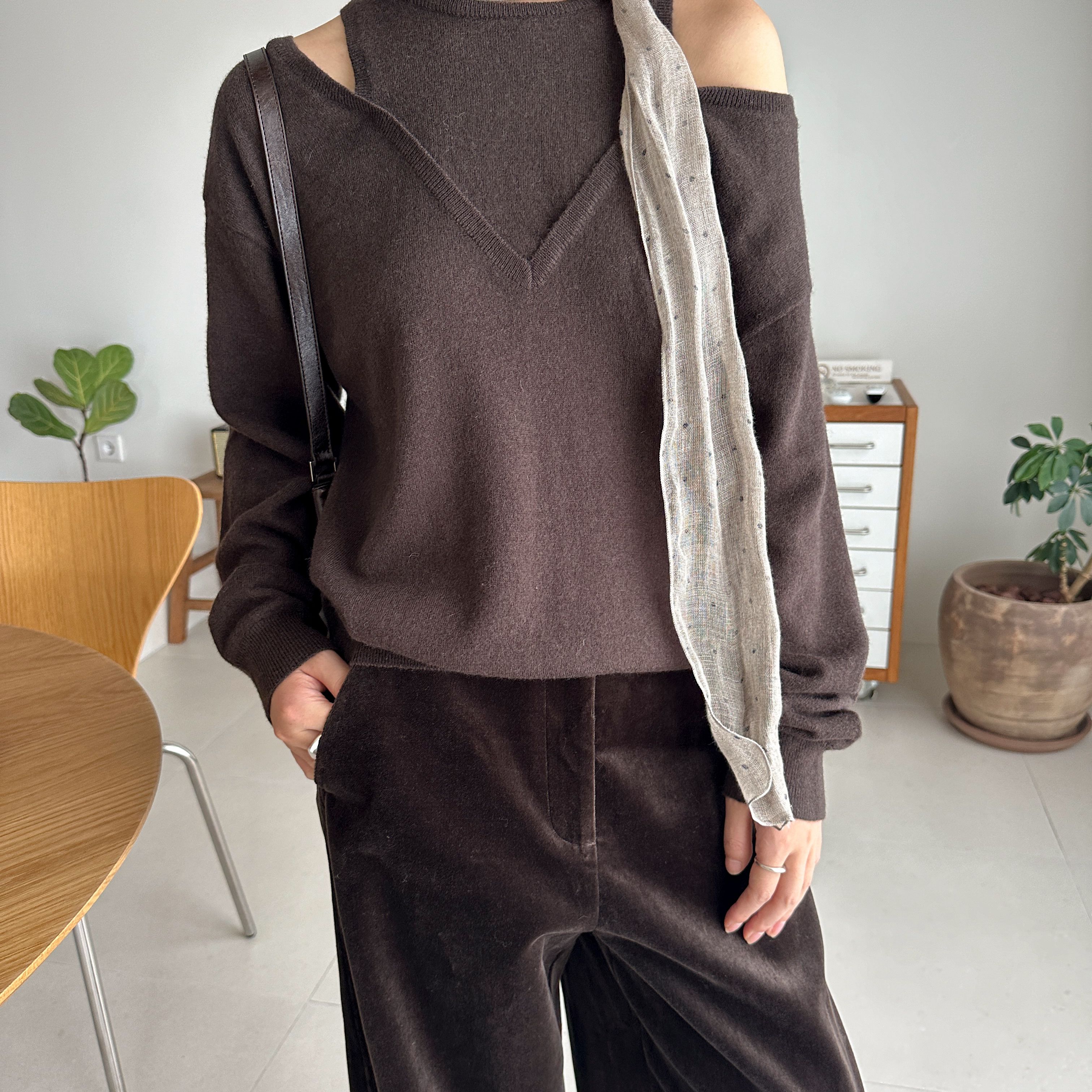 CLEAN SPACE-纯羊毛假两件简约宽松秋上新咖色上衣针织衫57279