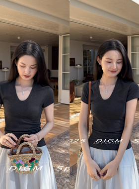 DIGM-9色全员自留韩系简约百搭舒适纯色圆领弹力显瘦短袖T恤60382