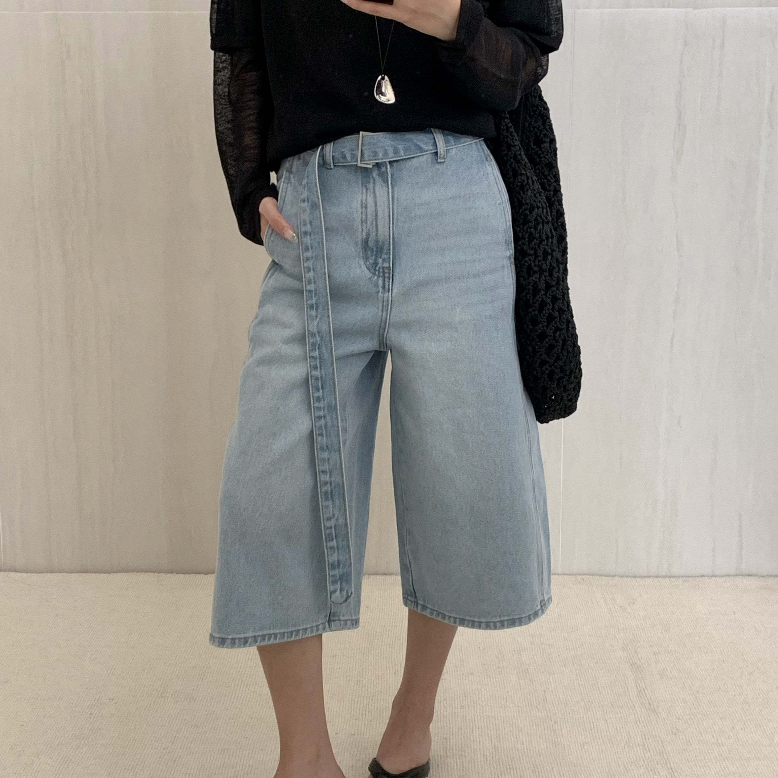 CLEAN SPACE-2025夏直筒休闲简约宽松高级搭配中裤牛仔裤A55237