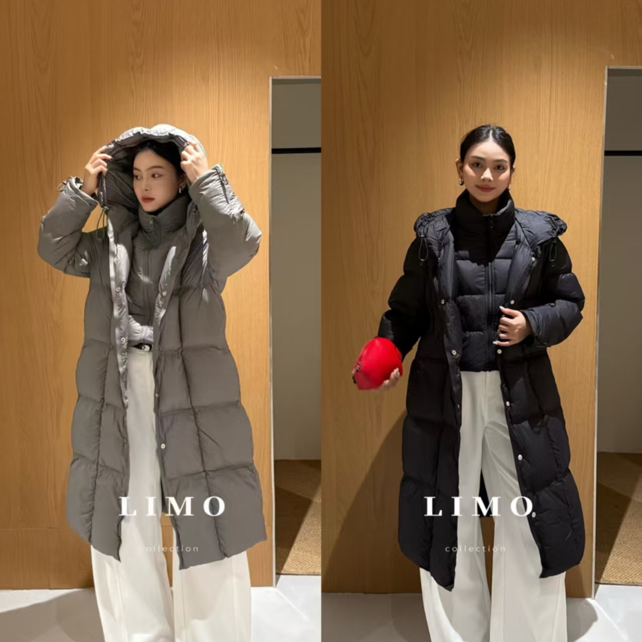 LIMO-鸭绒冬加厚假两件设计立领90白鸭绒长款保暖羽绒服外套5973