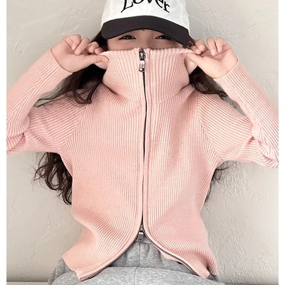 男女童双拉链高领针织开衫毛衣