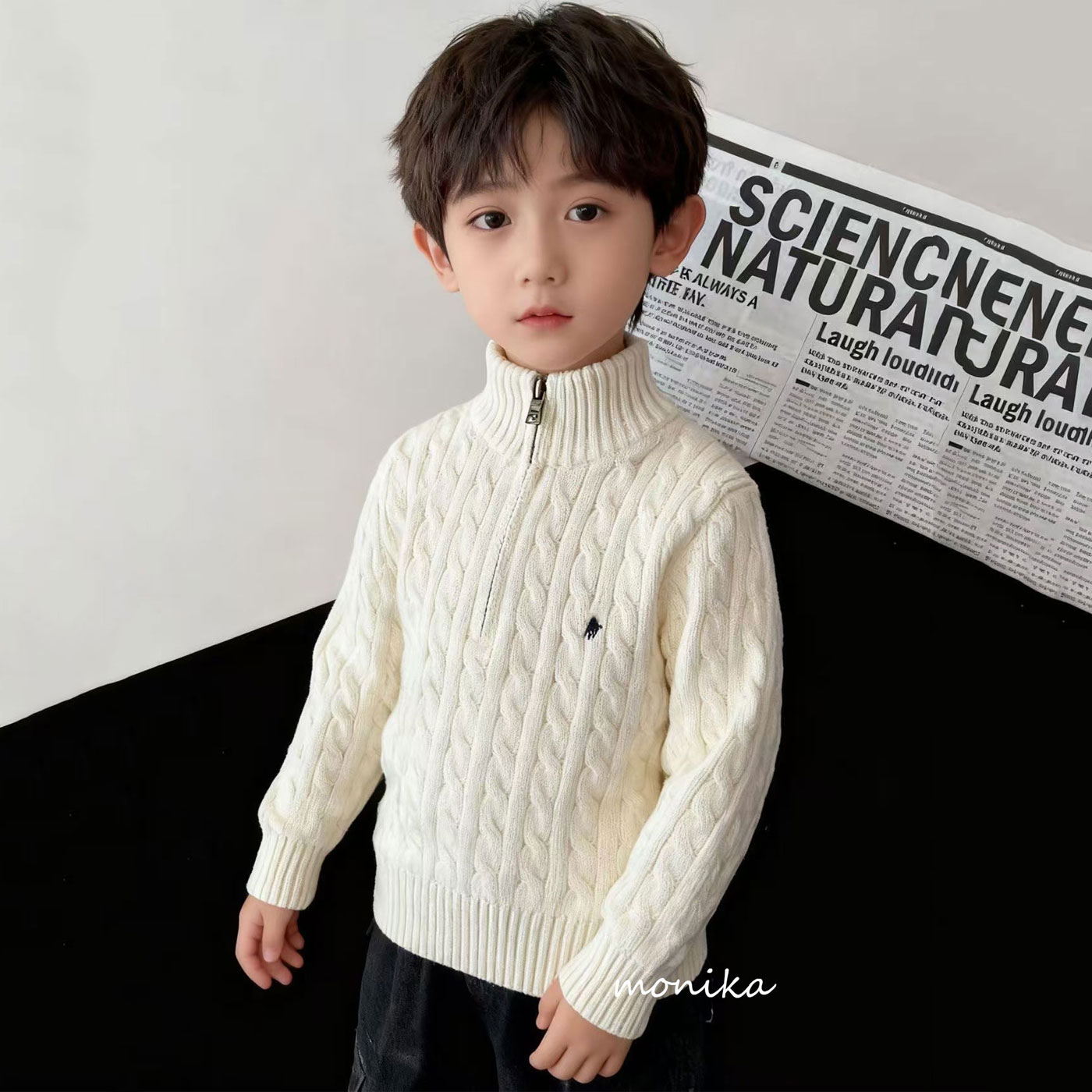 学院风男童麻花纹立领半拉链毛衣秋冬儿童纯棉针织衫套头衫百搭款