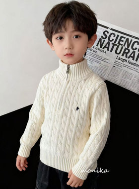 学院风男童麻花纹立领半拉链毛衣秋冬儿童纯棉针织衫套头衫百搭款
