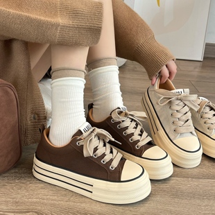 学生板鞋 美拉德棕色厚底帆布鞋 百搭增高松糕小白鞋 新款 女2025秋季