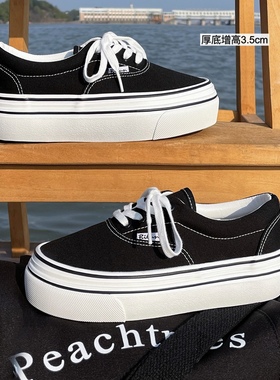 ins潮黑色厚底增高帆布鞋女2025夏季新款韩版百搭圆头松糕底板鞋