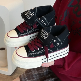 增高板鞋 两穿厚底黑红色高帮帆布鞋 小众百搭松糕鞋 2025新款 子 女款