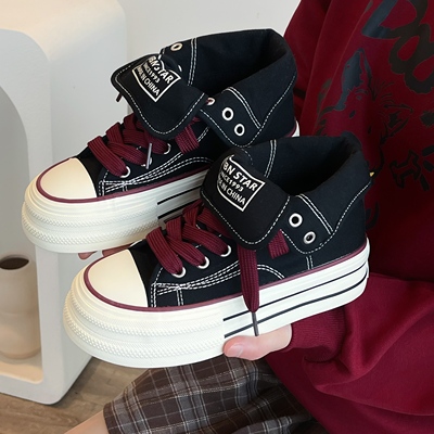两穿厚底黑红色高帮帆布鞋女款2025新款小众百搭松糕鞋增高板鞋子