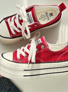 红色厚底增高5cm帆布鞋女2025新款透气百搭学生小个子松糕板鞋夏