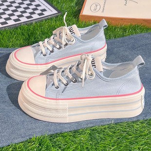 透气百搭学生松糕板鞋 春季 女2025新款 原创小众蓝色厚底增高帆布鞋