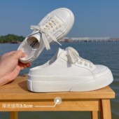 女2025新款 板鞋 薄款 一脚蹬半拖鞋 夏 透气帆布鞋 厚底可踩两穿小白鞋