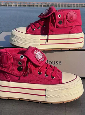 小众红色厚底帆布鞋女2025新款春季百搭高帮鞋运动休闲鞋增高板鞋